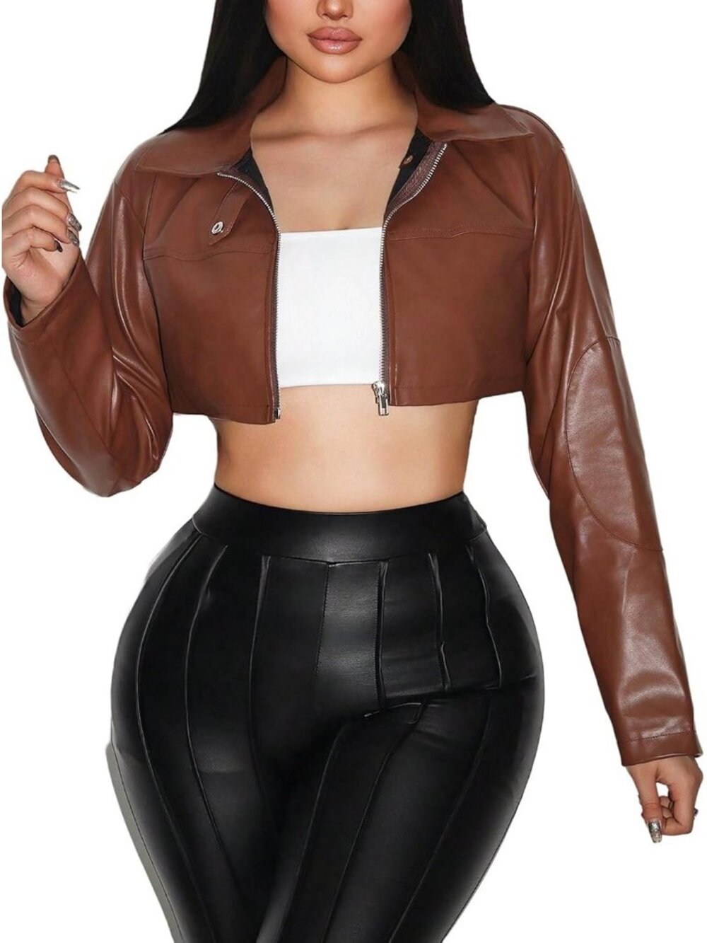 Women's Brown Polyester Long Sleeve Y2k Casual Zip-up Outfits Regular Jackets